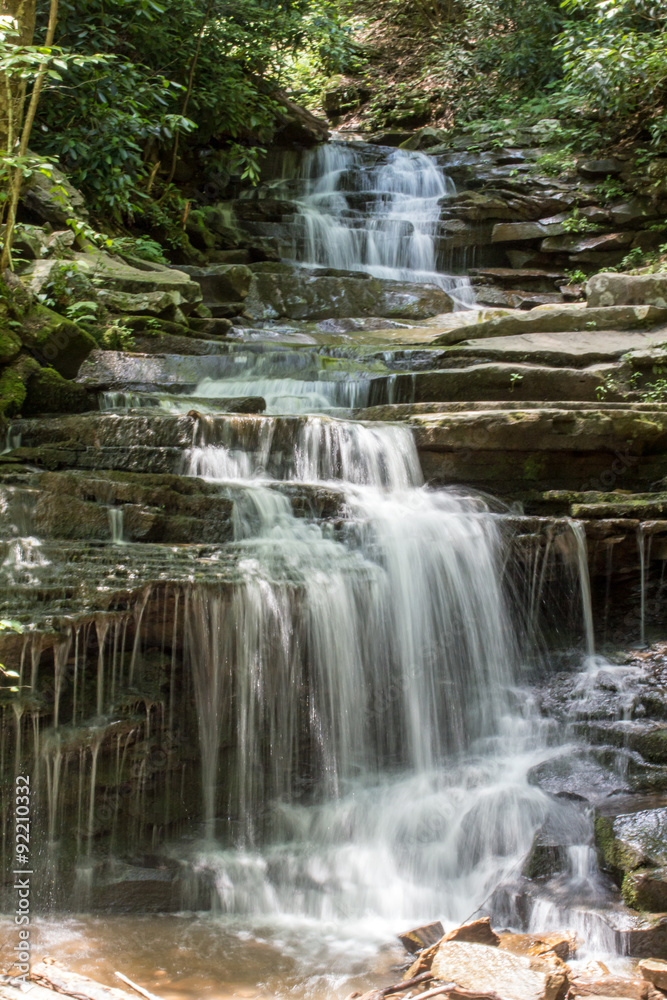 Fototapeta premium Central PA Waterfall - Water Falls Down przez Green Pennsylvania Forest Over Flat Stone