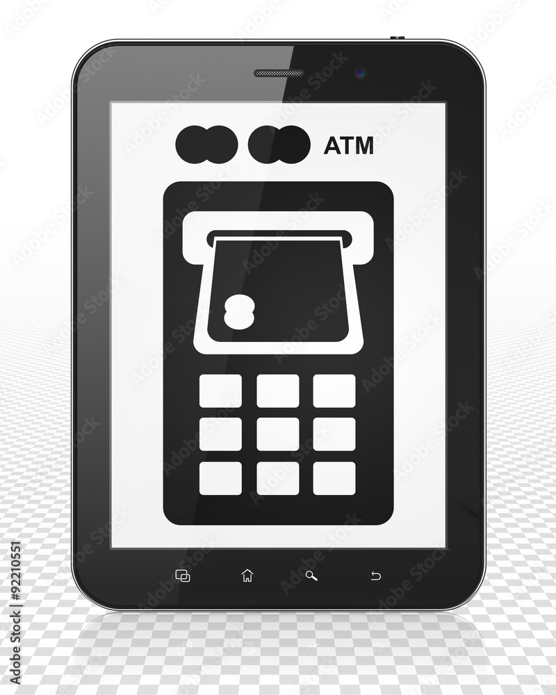 Currency concept: Tablet Pc Computer with ATM Machine on display