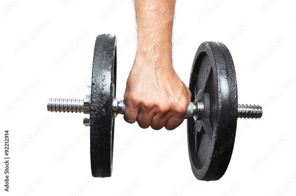 Man's arm holding a black dumbbell Man's arm holding a black dumbbell