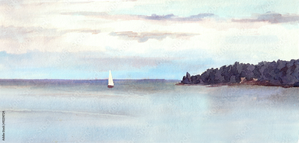 Obraz premium Watercolor landscape - island, sky with clouds and white sail.
