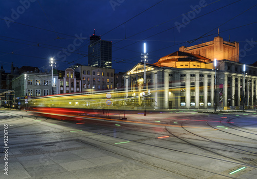 Wyspianski Theatre, and the tram in the evening. Katowice