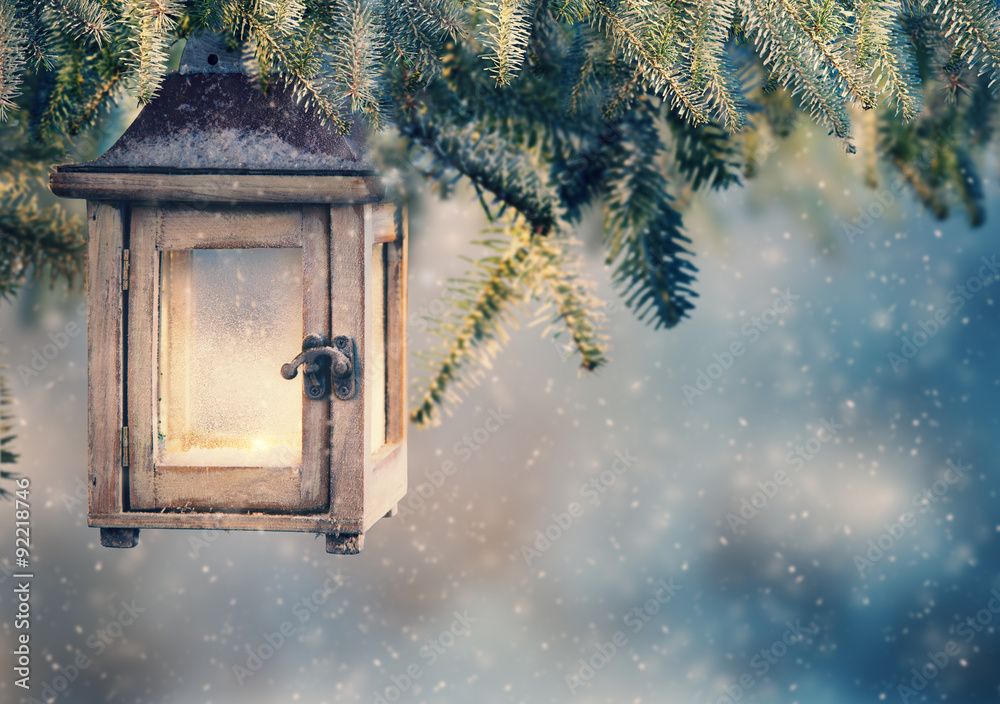 Christmas lantern hanging on fir branches - obrazy, fototapety, plakaty 
