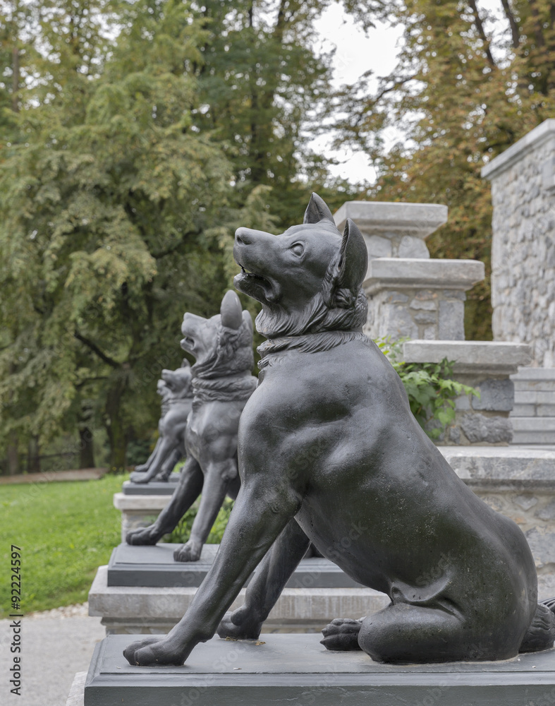 Dog statues in Tivoli Park. Ljubljana.