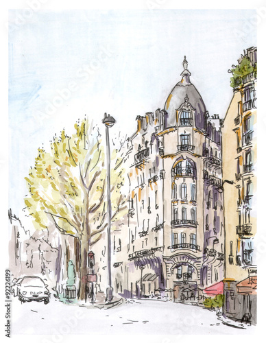Hand painted color sketch of Paris street #92226199