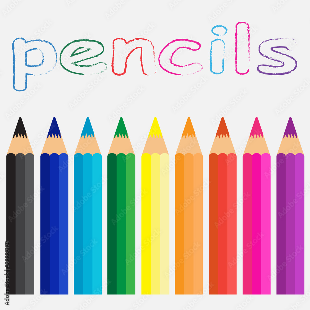 set of colored pencils on a white background. on top of the written word pencils set of colored pencils on a white background. on top of the written word pencils