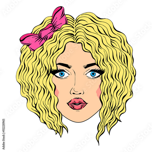 Vector girl face with blonde curly hair, hand drawn graphic pop art girl portrait