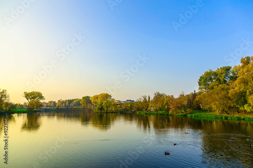 Autumn Landscape With Yellow Trees and Lake with Swimming Ducks at Sunset