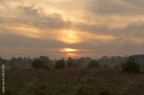 Foggy Evening Before Sunset in Countryside in Autumn