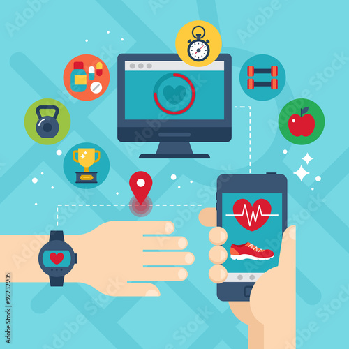 Run tracking app with smartphone, smart watch and fitness icons.