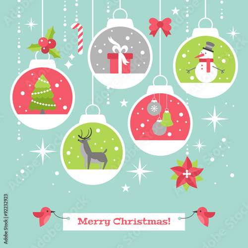 Modern Christmas card flat stylish design with decoration balls.