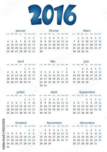 Calendrier 2016 simple - facilement éditable
