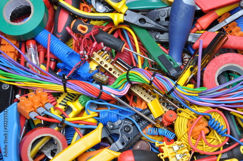 Tools and electrical component kit used in electrical installations © salita2010
