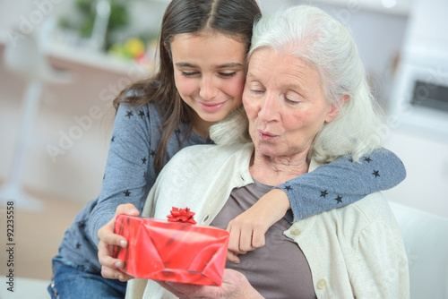 Giving her grandma a gift