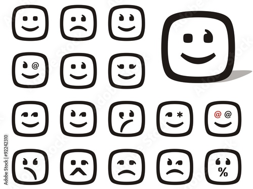 Set. Icon. Vector. Person. Smiles. Tricky. Winks. Evil. Angry.