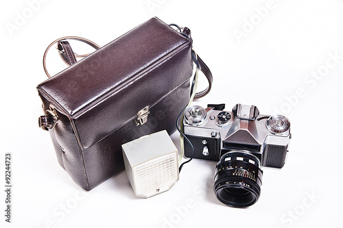 Retro camera with flash isolated on white on the white backgroun