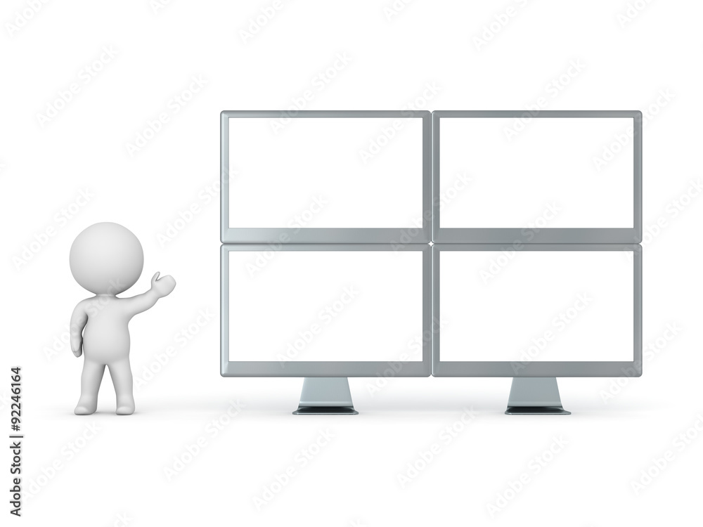3D Character Showing Four Computer Monitors 3D Character Showing Four Computer Monitors