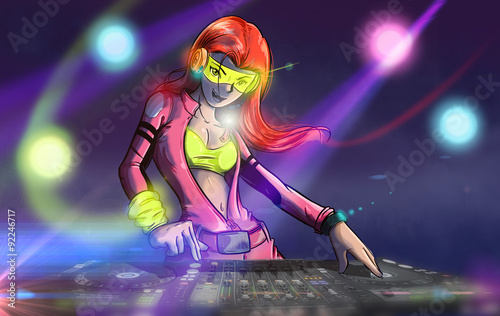 ilustración de hermosa mujer dj ambientando fiesta en club nocturno photo