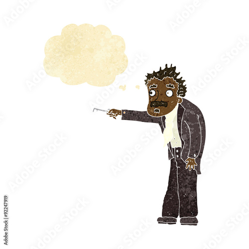 cartoon man trembling with key unlocking with thought bubble