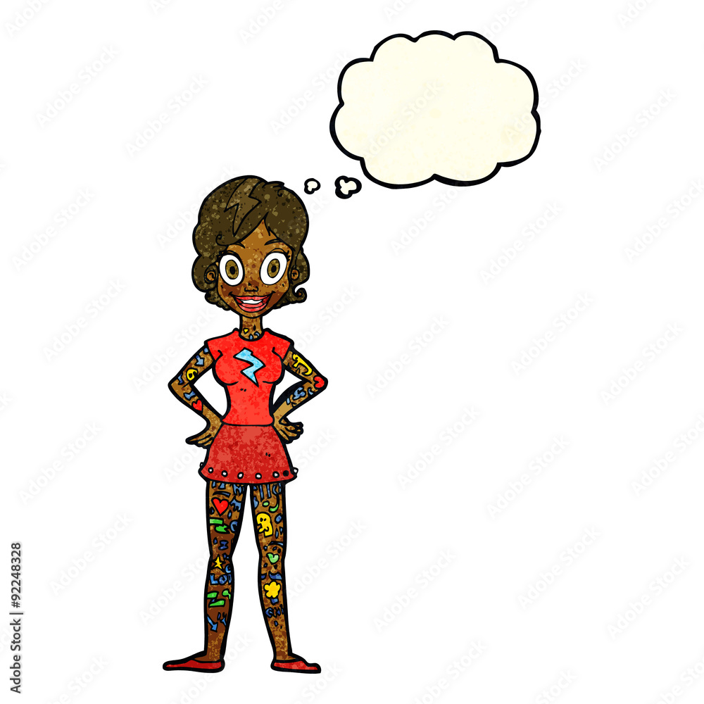 cartoon woman with heavy tattoos with thought bubble cartoon woman with heavy tattoos with thought bubble