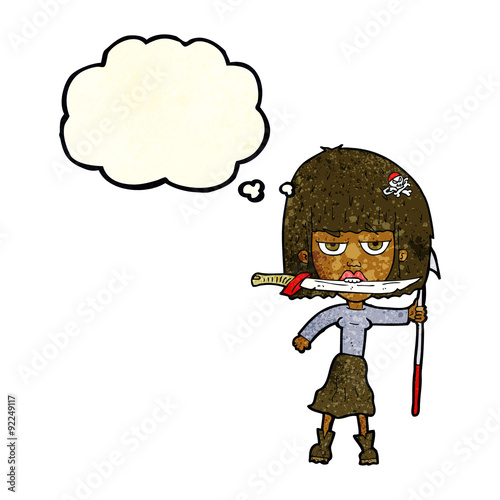 cartoon woman with knife and harpoon with thought bubble