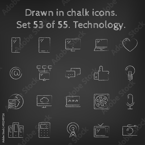 Technology icon set drawn in chalk.