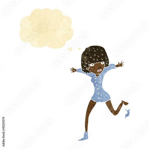 cartoon woman kicking off sock with thought bubble