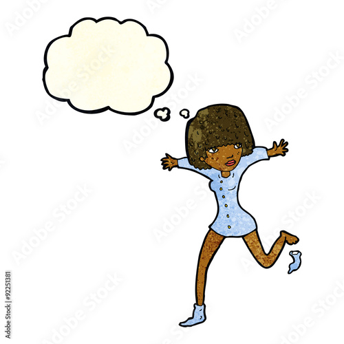 cartoon woman kicking off sock with thought bubble