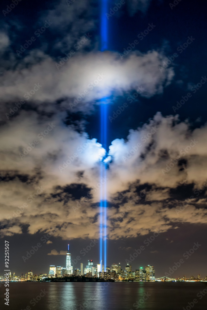 September 11 commemoration with the Tribute in Light, New York City. Two columns of light illuminate the sky over Lower Manhattan near the One World Trade Center skyscraper