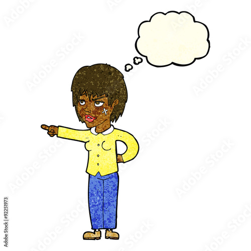 cartoon woman pointing with thought bubble