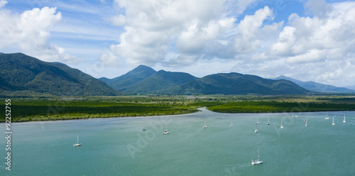 Aerial view of mangrove forest inlet and mountain range, Cairns, Queensland, Australia