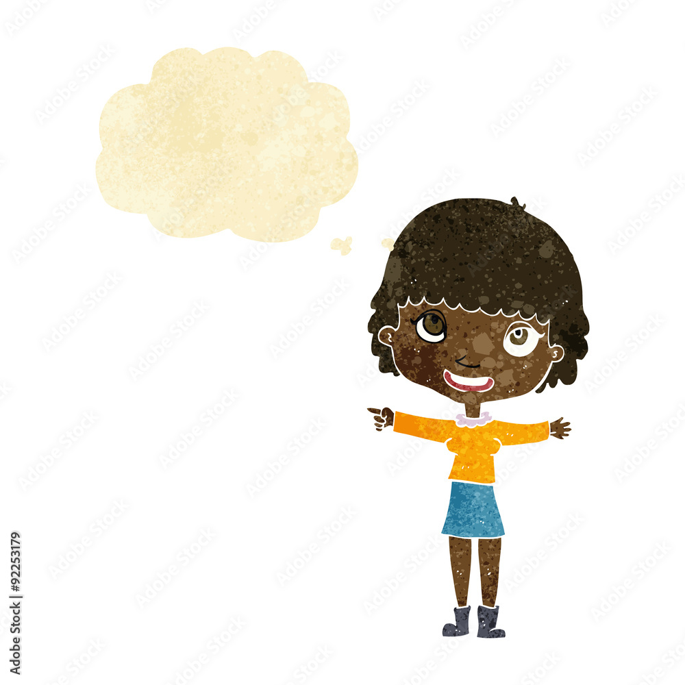 cartoon happy woman pointing with thought bubble cartoon happy woman pointing with thought bubble
