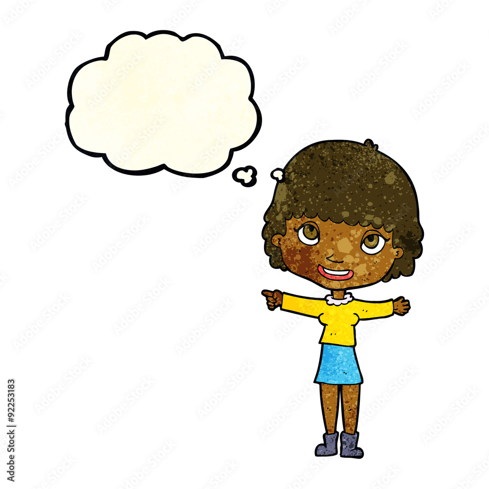 cartoon happy woman pointing with thought bubble cartoon happy woman pointing with thought bubble