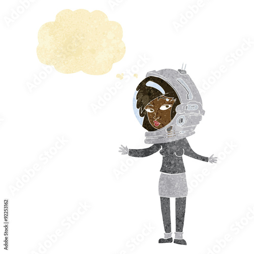 cartoon woman wearing astronaut helmet with thought bubble