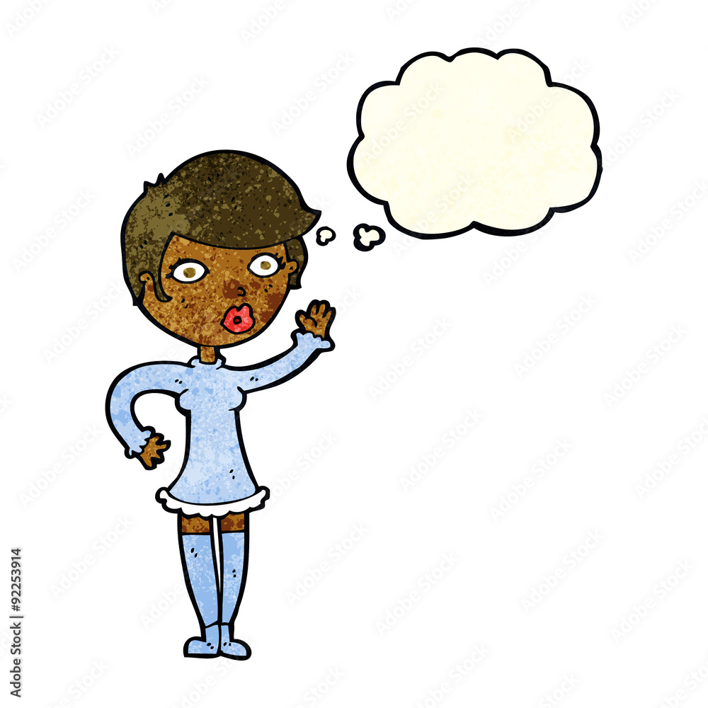 cartoon pretty woman waving with thought bubble cartoon pretty woman waving with thought bubble