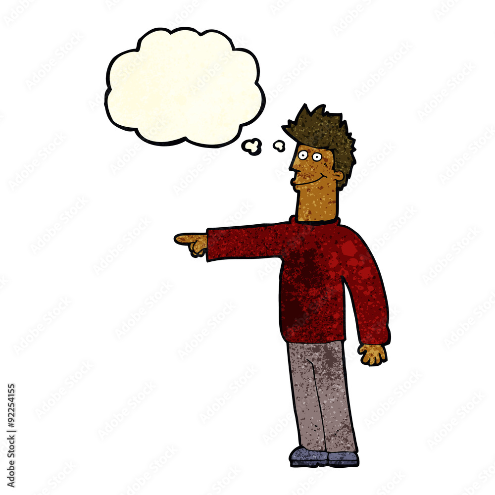 cartoon happy pointing man with thought bubble cartoon happy pointing man with thought bubble
