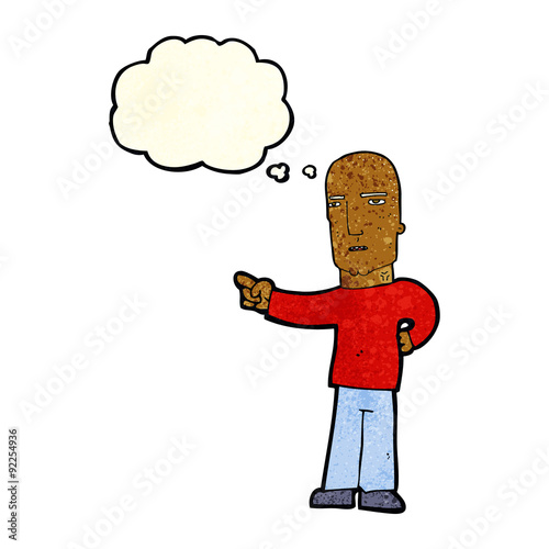 cartoon tough guy pointing with thought bubble