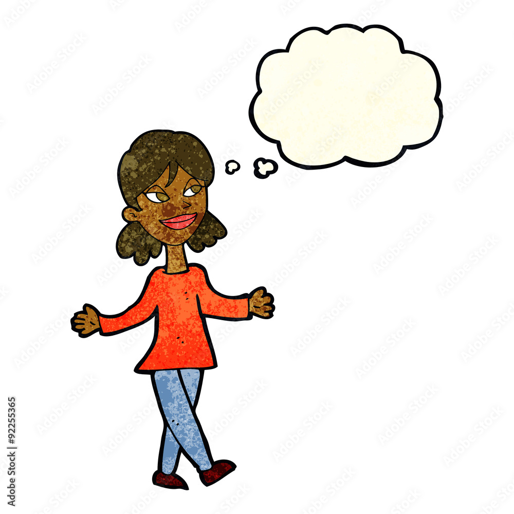 cartoon woman with no worries with thought bubble cartoon woman with no worries with thought bubble