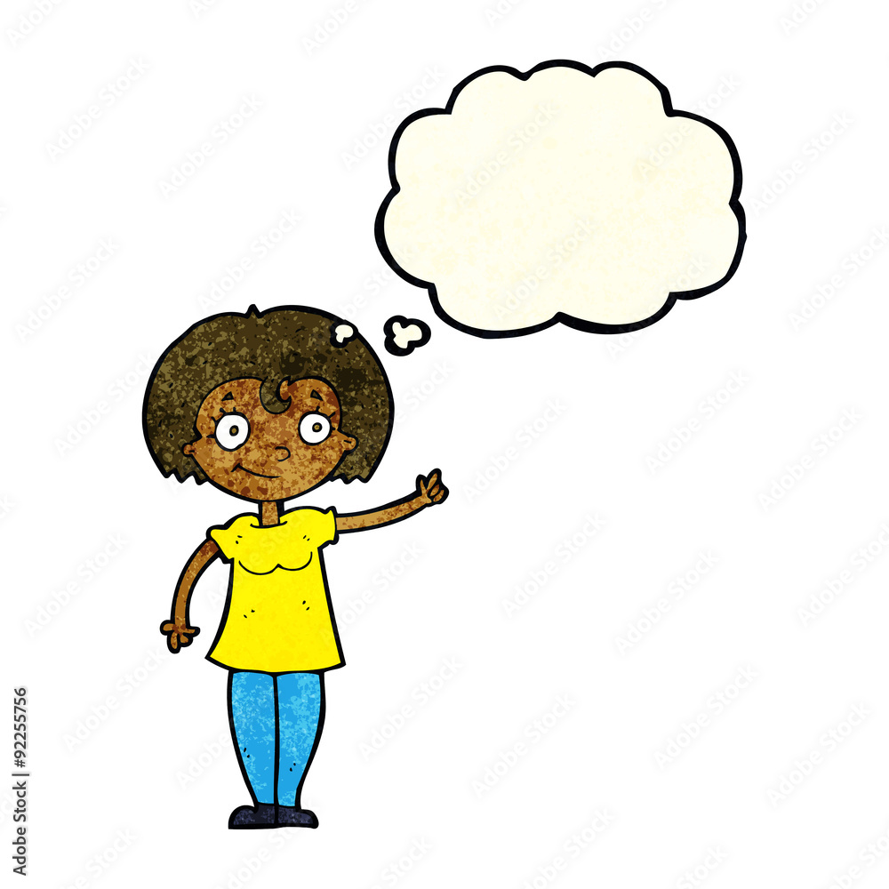 cartoon happy woman pointing with thought bubble cartoon happy woman pointing with thought bubble