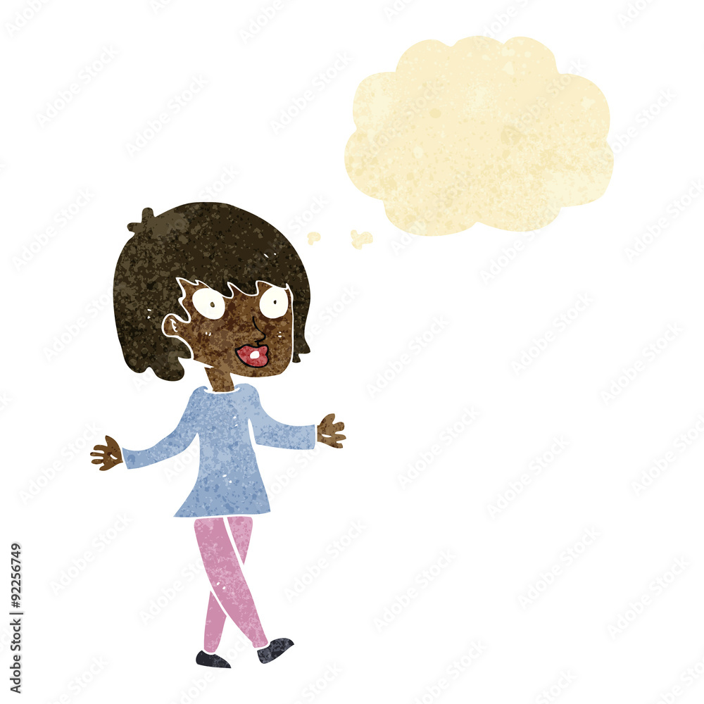 cartoon woman with open arms with thought bubble cartoon woman with open arms with thought bubble