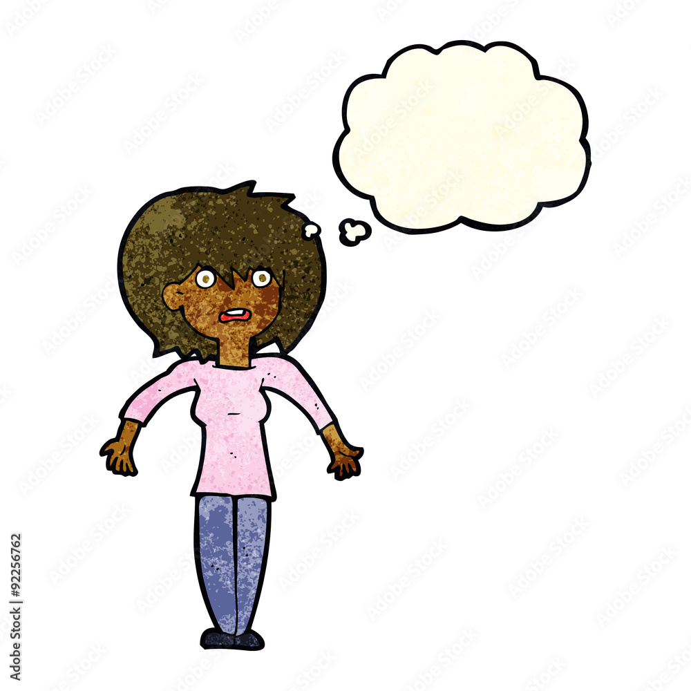 cartoon woman shrugging shoulders with thought bubble cartoon woman shrugging shoulders with thought bubble