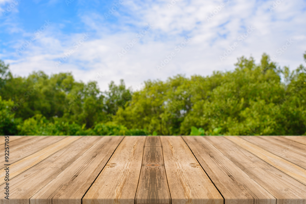 Wooden board empty table in front of blurred background. Perspective brown wood over blur trees in forest - can be used for display or montage your products. spring season. vintage filtered image.