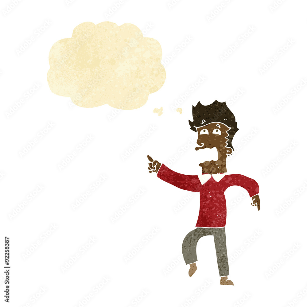 cartoon frightened man pointing with thought bubble cartoon frightened man pointing with thought bubble