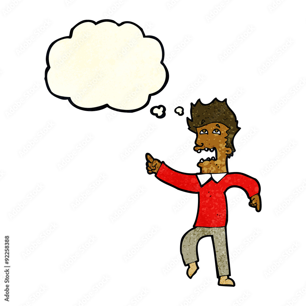 cartoon frightened man pointing with thought bubble cartoon frightened man pointing with thought bubble