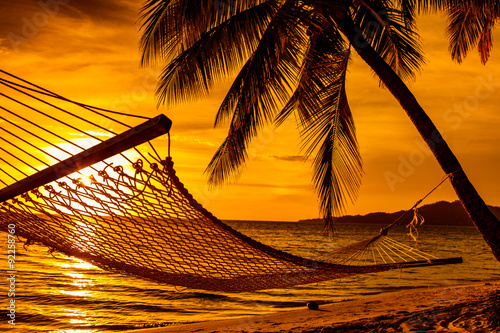 Silhouette of hammock and palm trees on a beach at sunset © Martin Valigursky