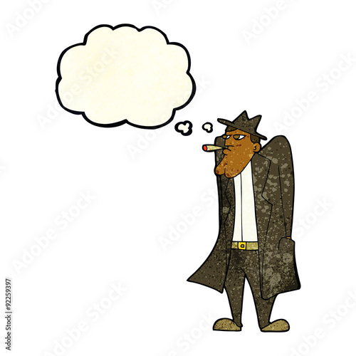 cartoon man in hat and trench coat with thought bubble