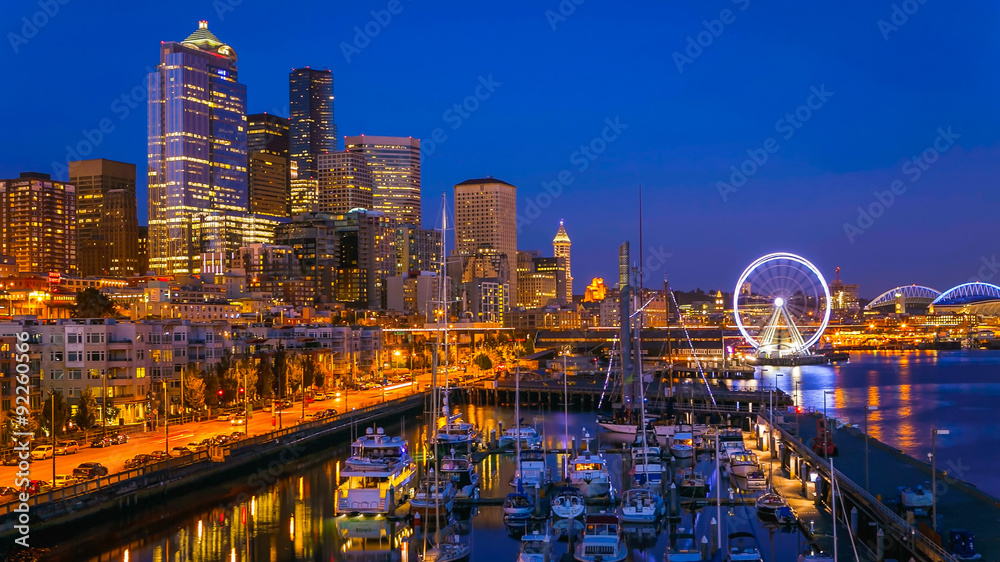 Seattle Waterfront After Sunset - obrazy, fototapety, plakaty 