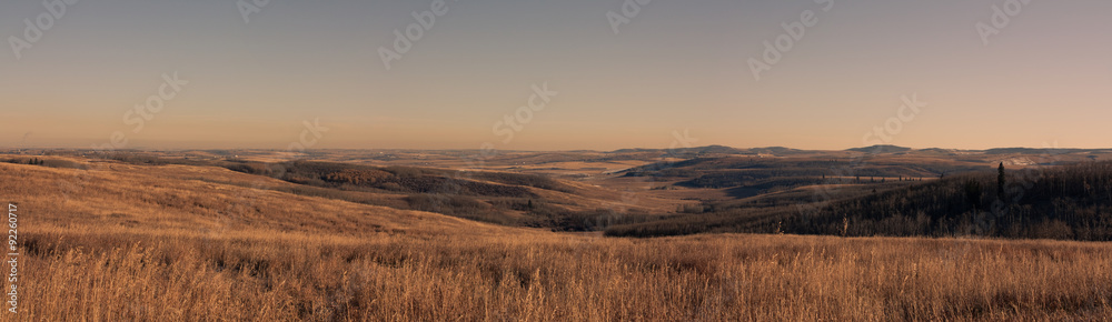 A panoramic landscape of foothills in the prairies, Ann & Sandy Cross Conservation, Alberta, Canada.