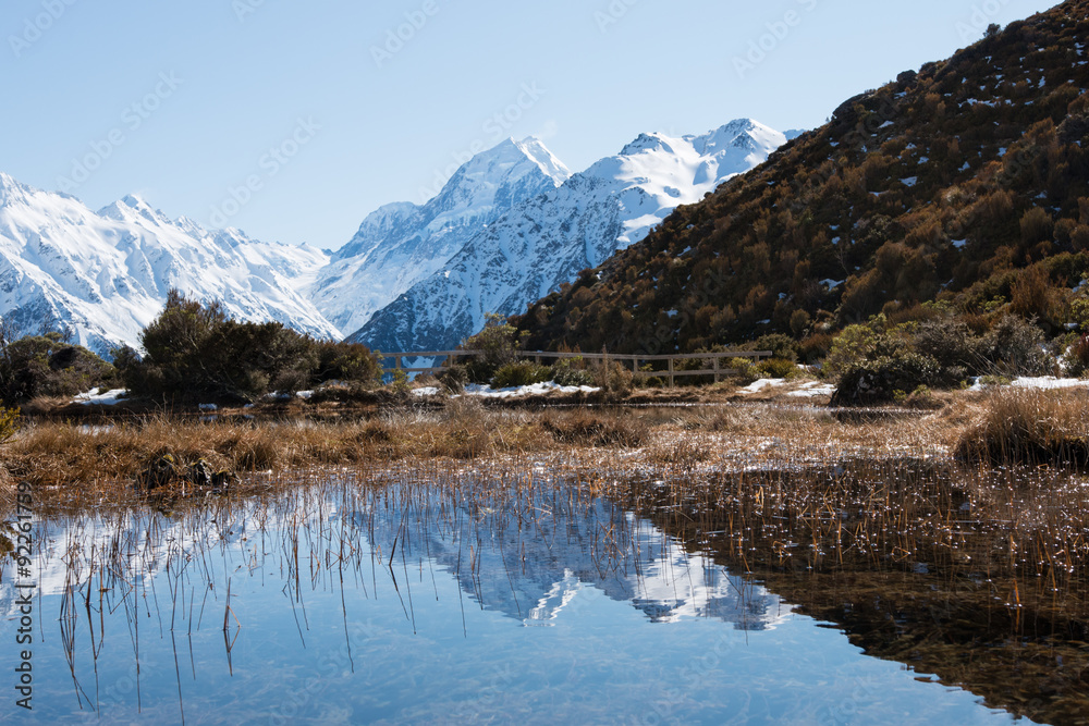 Reflection of mt Cook in shallow water of Red Tarns