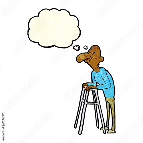 cartoon old man with walking frame with thought bubble
