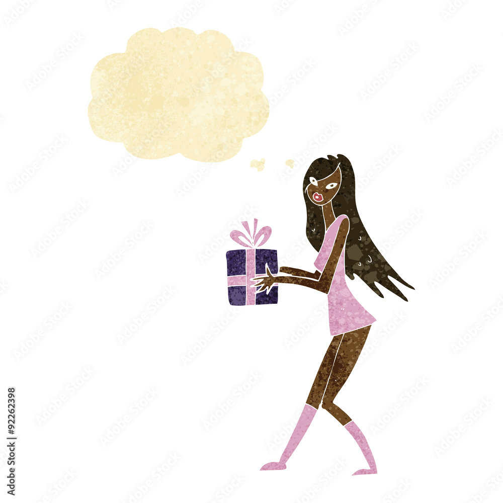 cartoon fashion girl with present with thought bubble cartoon fashion girl with present with thought bubble